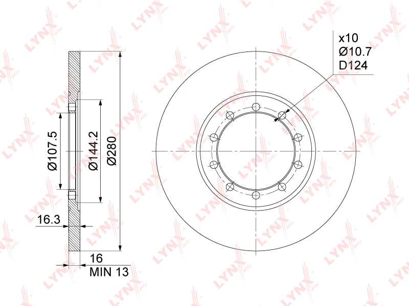 Диск тормозной задний (280x16) подходит для FORD Transit 2.2D-3.2D 06-14 <b>LYNXAUTO BN-1023</b> - изображение 1