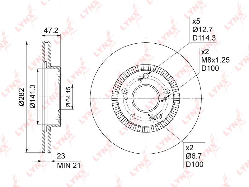 Диск тормозной передний (282x23) подходит для HONDA Civic VII-IX 1.4-2.2D 01> / CR-V II 2.0-2.4 01-06 / FR-V 1.7-2.2D 04> / Stream 1.7-2.0 01> <b>LYNXAUTO BN-1033</b> - изображение 1