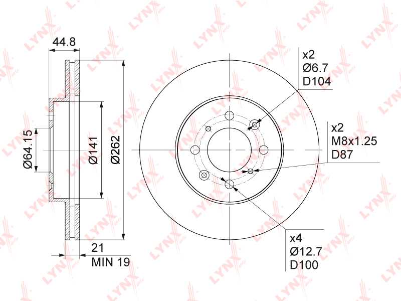 Диск тормозной передний (262x21) подходит для HONDA Civic V-VII 1.4-2.0D 91-05> / Jazz(GE) 1.2-1.5 08> <b>LYNXAUTO BN-1034</b> - изображение 1