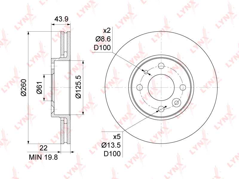 Диск тормозной передний (260x22) подходит для NISSAN Micra(K12) 1.0-1.6 02> / Note(E11) 1.4-1.6 06> / Tiida 1.8 07>, RENAULT Logan I 1.4-1.6 04> / Clio III 1.2-2.0 05> / Megane II 1.4 02-0 <b>LYNXAUTO BN-1062</b> - изображение 1