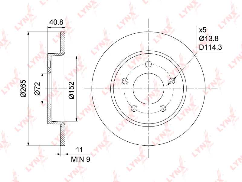 Диск тормозной задний (265x11) подходит для MAZDA 3(BK/L) 1.4-2.2D 03> <b>LYNXAUTO BN-1065</b> - изображение