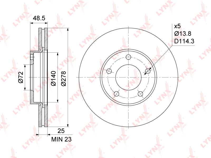 Диск тормозной передний (278x25) подходит для MAZDA 3(BK/L) 14-2.2D 03> / 5(CR/W) 1.8-2.0 05> / Premacy(CP) 2.0 05> <b>LYNXAUTO BN-1071</b> - изображение