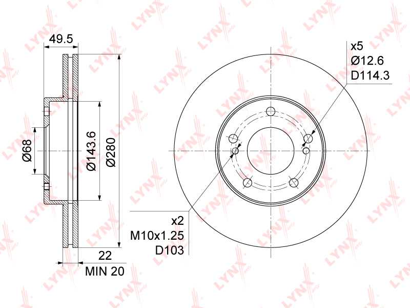 Диск тормозной передний (280x22) подходит для NISSAN Maxima(A32) 2.0 94-00 <b>LYNXAUTO BN-1106</b> - изображение