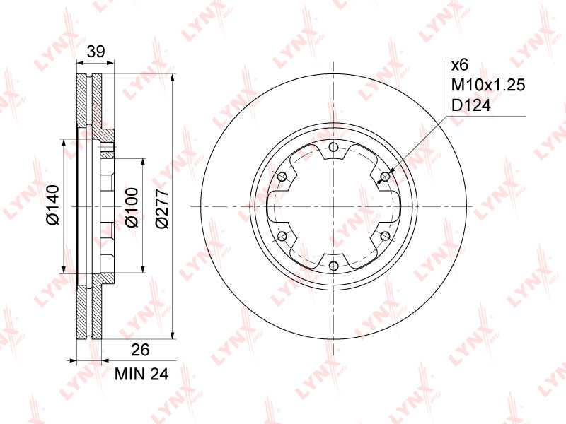 Диск тормозной передний (277x26) подходит для NISSAN Pathfinder(R50) 2.4-3.2D 97-04 / Pick Up(D22) 2.4-3.2D 97> / Terrano I-II 2.4-3.3 >02, FORD Maverick 2.4-2.7D 93-98 <b>LYNXAUTO BN-1107</b> - изображение 1