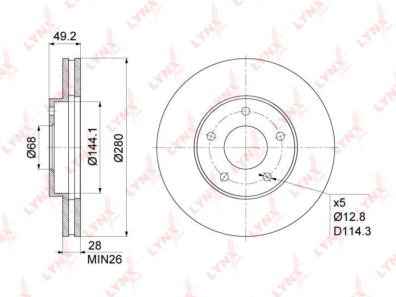Диск тормозной передний (280x28) подходит для NISSAN Primera(P12) 1.6-2.5 02> / X-Trail(T30) 2.0-2.5 01> / Maxima(A33) 2.0-3.0 00-03 / Almera Tino 1.8-2.2D 00> <b>LYNXAUTO BN-1108</b> - изображение 1