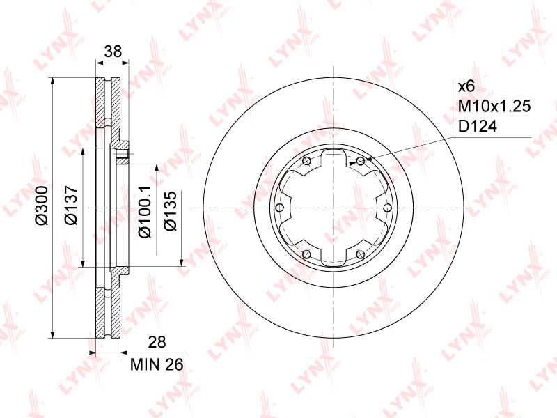 Диск тормозной передний (300x28) подходит для NISSAN Pathfinder(R50) 3.2D-3.5 97-04 / Pick Up(D22) 2.4-3.3 98> <b>LYNXAUTO BN-1110</b> - изображение