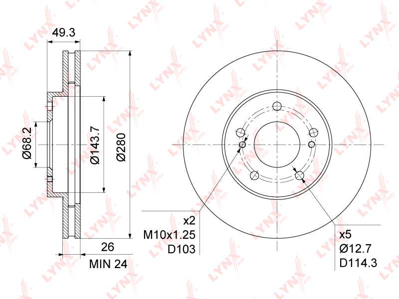 Диск тормозной передний (280x26) подходит для NISSAN Maxima(A32/3) 2.0-3.5 94-03 / Tino 1.8-2.0 90-03 / Skyline(R34) 2.0-2.5 98-02 <b>LYNXAUTO BN-1111</b> - изображение