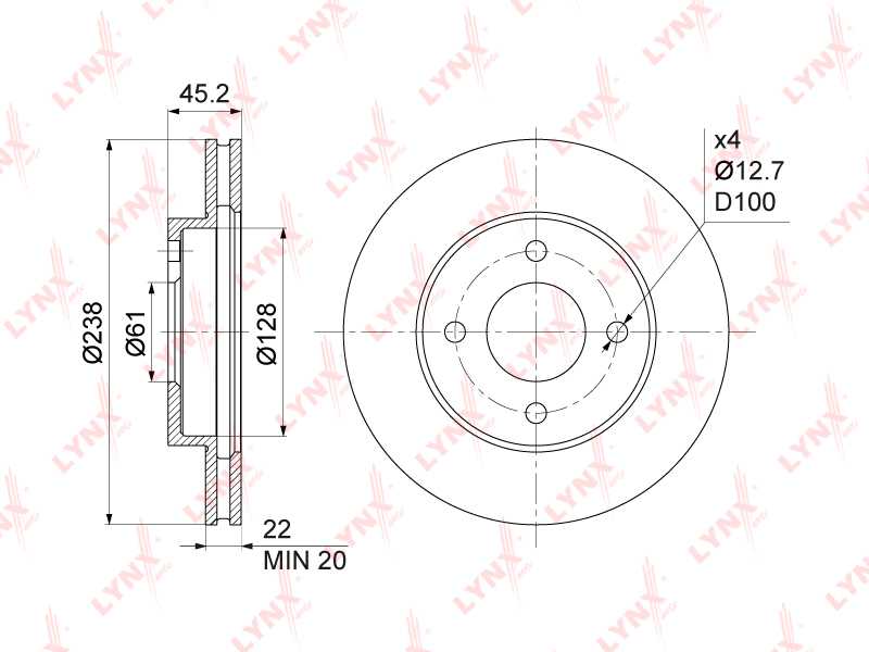 Диск тормозной передний (237,5x22) подходит для NISSAN AD(Y11) 1.5-1.8 99-05 <b>LYNXAUTO BN-1114</b> - изображение