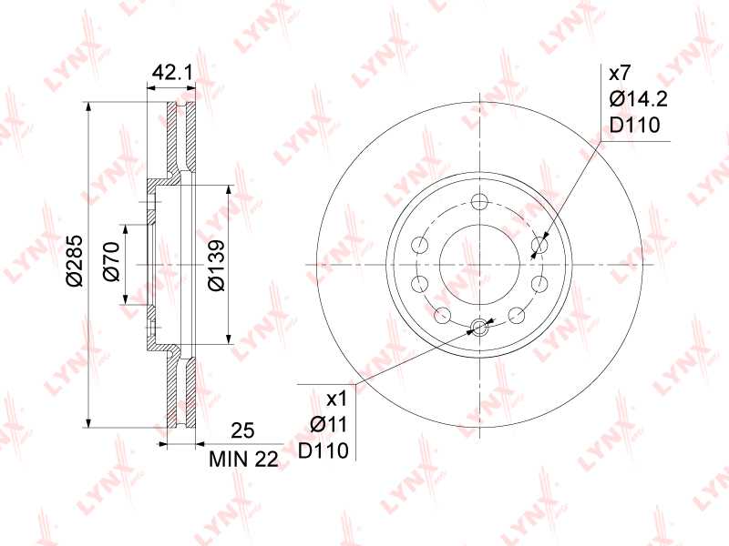 Диск тормозной передний (285x25) подходит для OPEL Vectra C 1.6-2.2D 02-08, SAAB 9-3 1.8-2.8 02-15 <b>LYNXAUTO BN-1122</b> - изображение 1