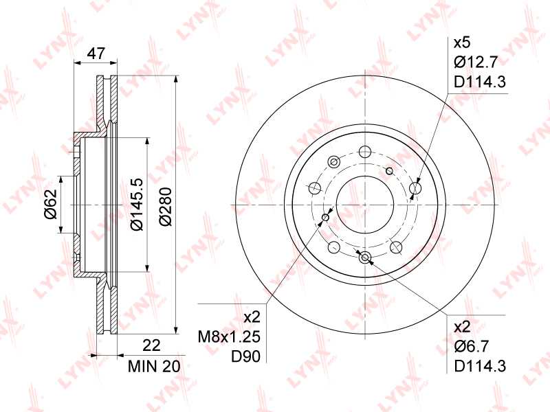 Диск тормозной передний (279,5x22) подходит для SUZUKI SX4 1.5-2.0D (Hungary) 06>, FIAT Sedici 1.6-2.0D 06> <b>LYNXAUTO BN-1134</b> - изображение 1