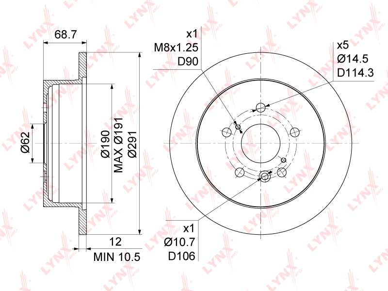 Диск тормозной задний (291x12) подходит для TOYOTA Avensis Verso 2.0D-2.4 01-09 / Estima/Previa 2.0-3.0 00-05 / Alphard 2.4-3.0 03-08 <b>LYNXAUTO BN-1147</b> - изображение 1