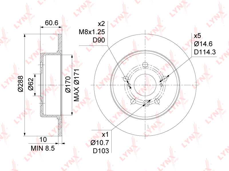 Диск тормозной задний (288x10) подходит для TOYOTA Camry(V20) 2.2-2.5 96-01 / Harrier 2.2-3.0 98-03 / Higlander 2.4-3.0 00-07, LEXUS RX300 00-03 <b>LYNXAUTO BN-1148</b> - изображение