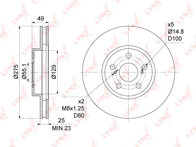 Диск тормозной передний (275x25) подходит для TOYOTA Allion(T24) 1.8-2.0 01-07 / Caldina(T24) 1.8-2.0 02-07 / Celica 1.8 99-05 / Opa 1.8-2.0 00-05 <b>LYNXAUTO BN-1154</b> - изображение