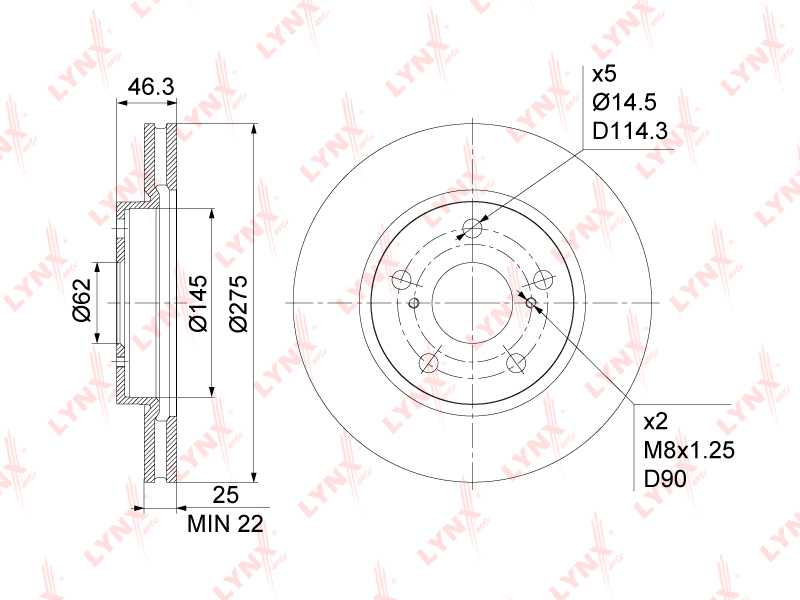 Диск тормозной передний (275x25) подходит для TOYOTA RAV 4 III 2.4 05-12 / Prius 1.8h 11> / Noah 2.0 07> <b>LYNXAUTO BN-1157</b> - изображение 1