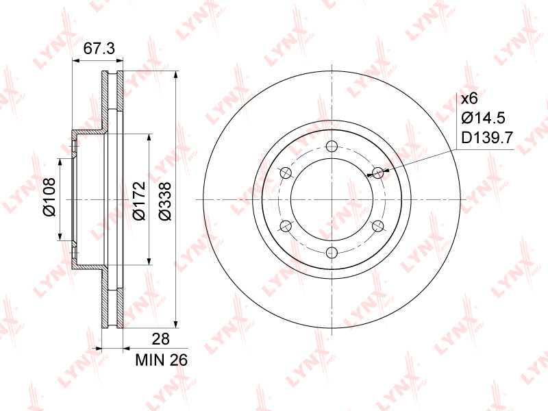 Диск тормозной передний (338x28) подходит для TOYOTA Land Cruiser Prado(120/150) 2.7-4.0 02>, LEXUS GX470 01> <b>LYNXAUTO BN-1158</b> - изображение 1