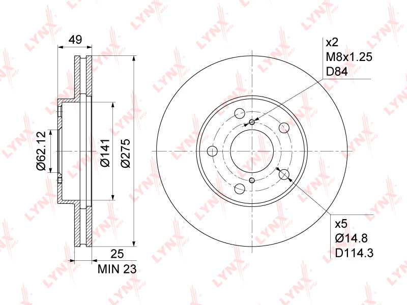 Диск тормозной передний (275x25) подходит для TOYOTA RAV 4 II 1.8-2.4 00-05 <b>LYNXAUTO BN-1160</b> - изображение
