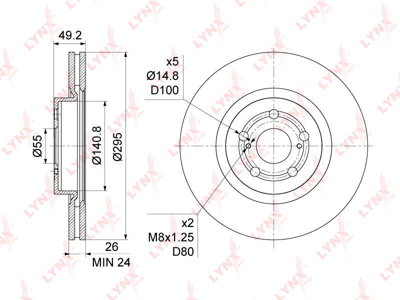 Диск тормозной передний (295x26) подходит для TOYOTA Avensis(T25) 2.0-2.4 03-08 <b>LYNXAUTO BN-1162</b> - изображение