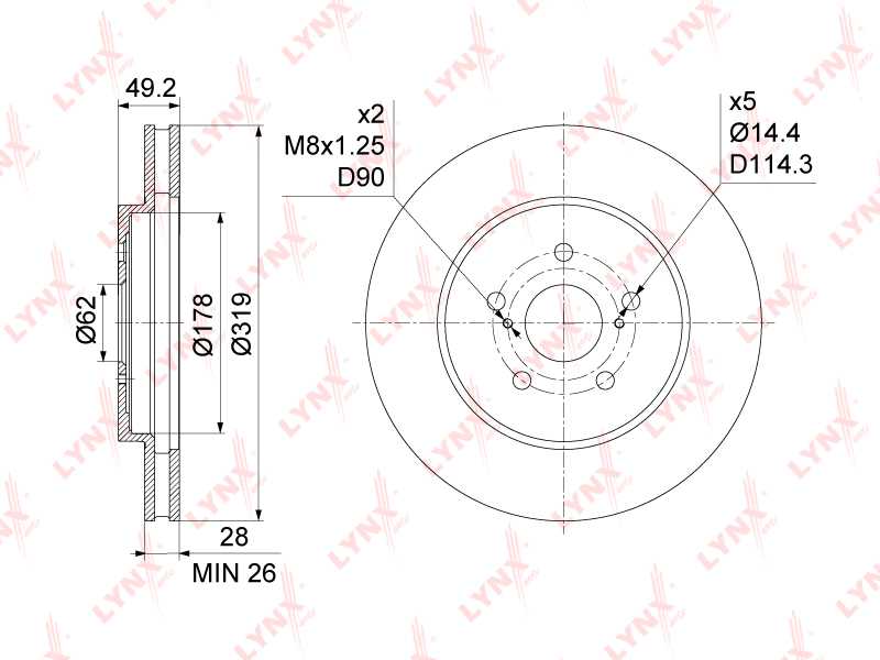 Диск тормозной передний (319x28) LEXUS RX300-400h 03-08, TOYOTA Harrier 2.4-3.5 03-08 / Highlander 3.3 03-07 <b>LYNXAUTO BN-1163</b> - изображение 1