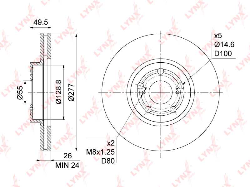 Диск тормозной передний (277x26) TOYOTA Avensis(T25) 1.6-2.4 03-08 <b>LYNXAUTO BN-1168</b> - изображение 2