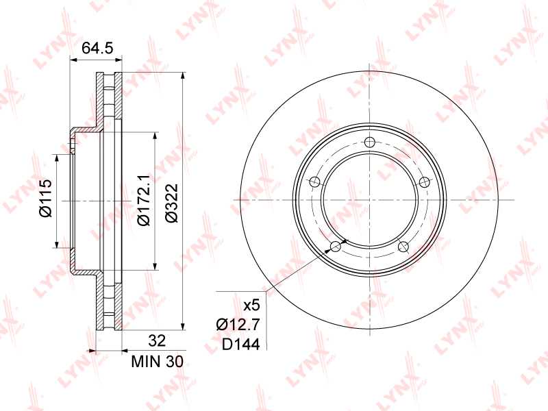 Диск тормозной передний (322x32) подходит для TOYOTA Land Cruiser(105) 4.2D-4.5 98-07 <b>LYNXAUTO BN-1170</b> - изображение 2