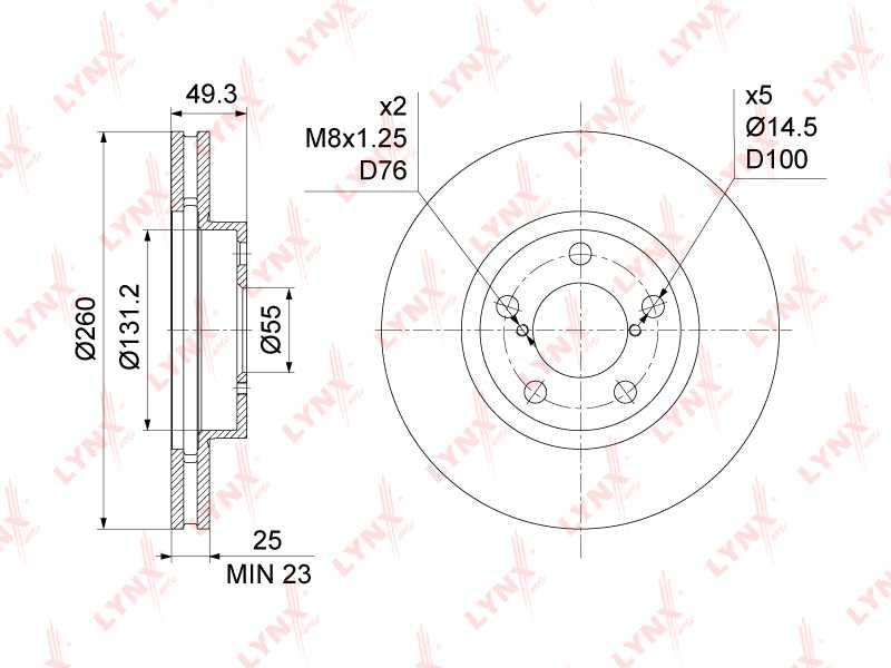 Диск тормозной передний (260x25) подходит для TOYOTA Avensis(T22) 1.6-2.0D 97-02 <b>LYNXAUTO BN-1172</b> - изображение 1