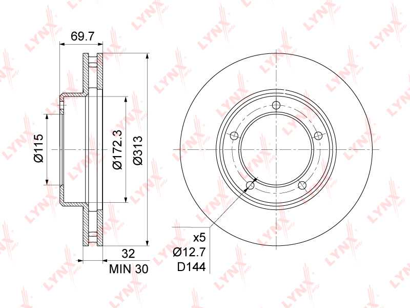 Диск тормозной передний (313x32) подходит для TOYOTA Land Cruiser(100) 4.2D-4.7 98-07, LEXUS LX470 98-09 <b>LYNXAUTO BN-1175</b> - изображение