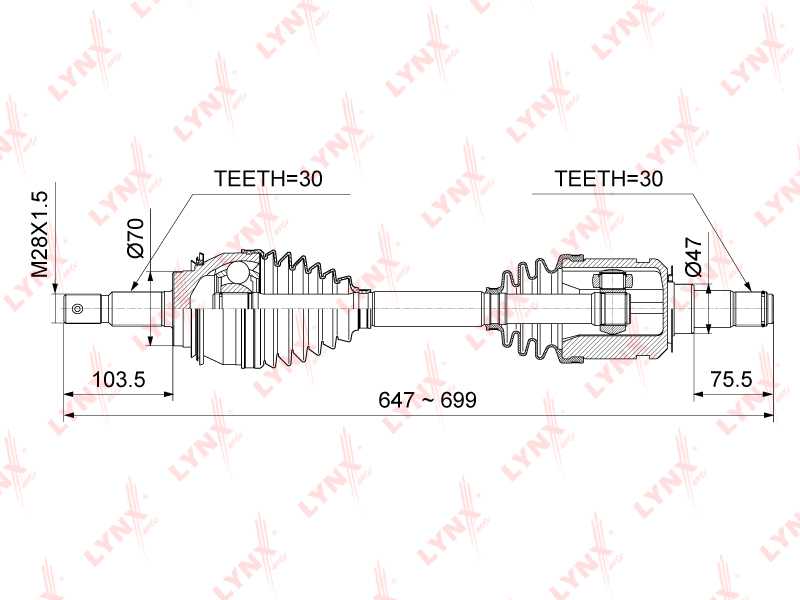 Привод в сборе подходит для TOYOTA Land Cruiser Prado(120) 3.0D-4.0 02-09, LEXUS GX470 01-09 <b>LYNXAUTO CD-1023</b> - изображение