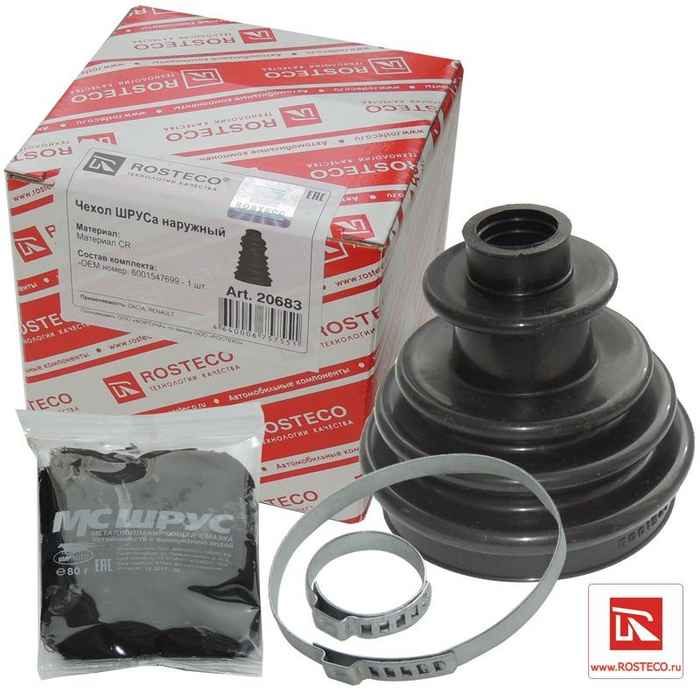 Пыльник шруса Renault Logan, Duster, Sandero наружный (смазка+2 хомута) 6001547699 <b>ROSTECO 20683</b> - изображение Пыльник шруса Renault Logan, Duster, Sandero наружный (смазка+2 хомута) 6001547699 <b>ROSTECO 20683</b> - изображение