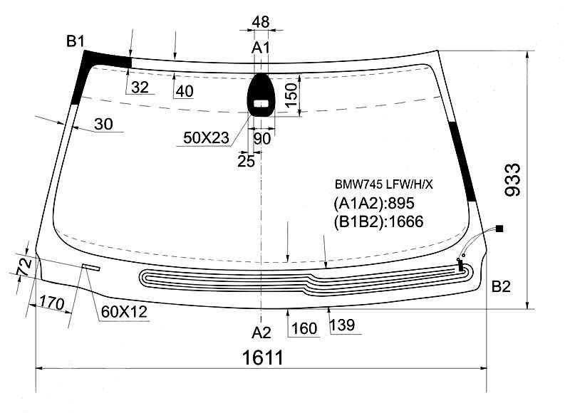 Стекло лобовое с обогревом щеток в клей BMW 7-SERIES E65 / E66 01-03 <b>XYG BMW745 LFW/H/X</b> - изображение