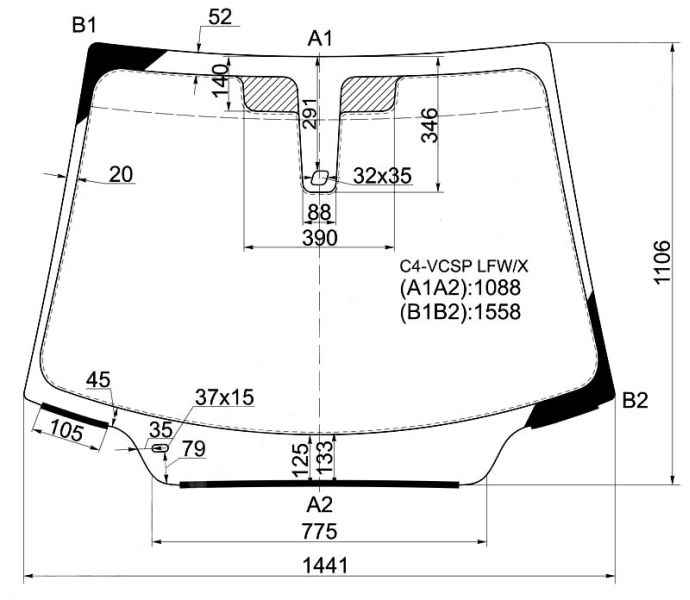 Стекло лобовое в клей CITROEN C4 2004- 3D HBK / C4 2004-2010 5D HBK <b>XYG C4-VCSP LFW/X</b> - изображение