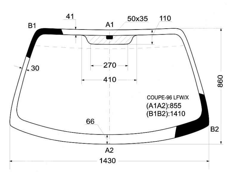 Стекло лобовое в клей HYUNDAI COUPE / TIBURON / TUSCANI 96-02 <b>XYG COUPE-96 LFW/X</b> - изображение
