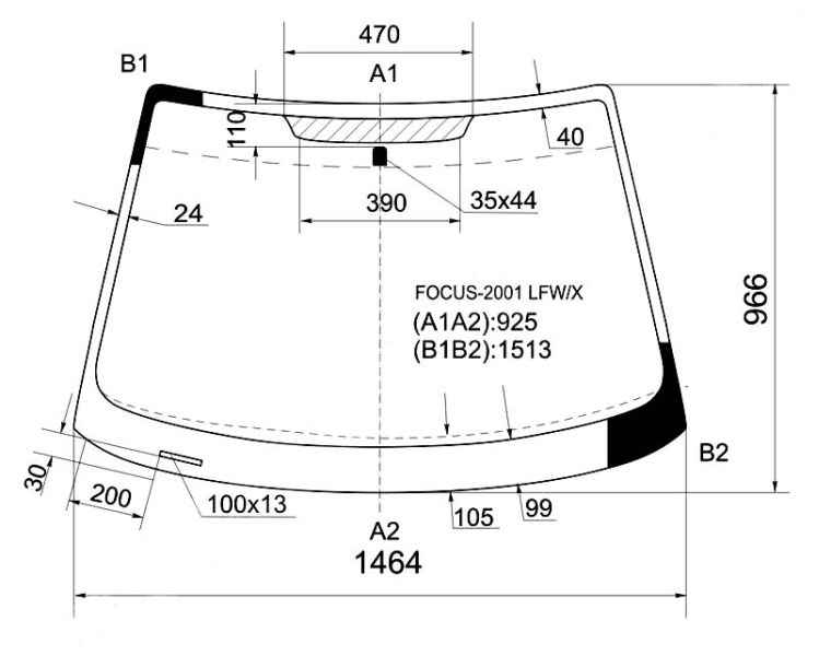 Стекло лобовое в клей FORD FOCUS 4D SED, 3 / 5D HB / BRK 98- <b>XYG FOCUS-2001 LFW/X</b> - изображение