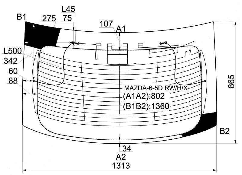 Стекло заднее (крышка багажника) с обогревом MAZDA 6 / ATENZA 5D HATCHBACK 2003- <b>XYG MAZDA-6-5D RW/H/X</b> - изображение