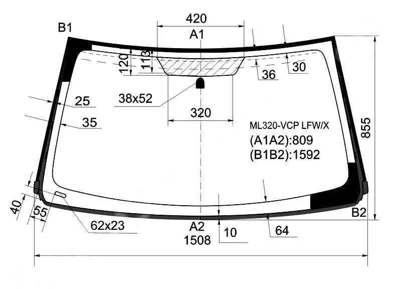 Стекло лобовое в клей MERCEDES-BENZ ML-CLASS W163 1997-2005 <b>XYG ML320-VCP LFW/X</b> - изображение