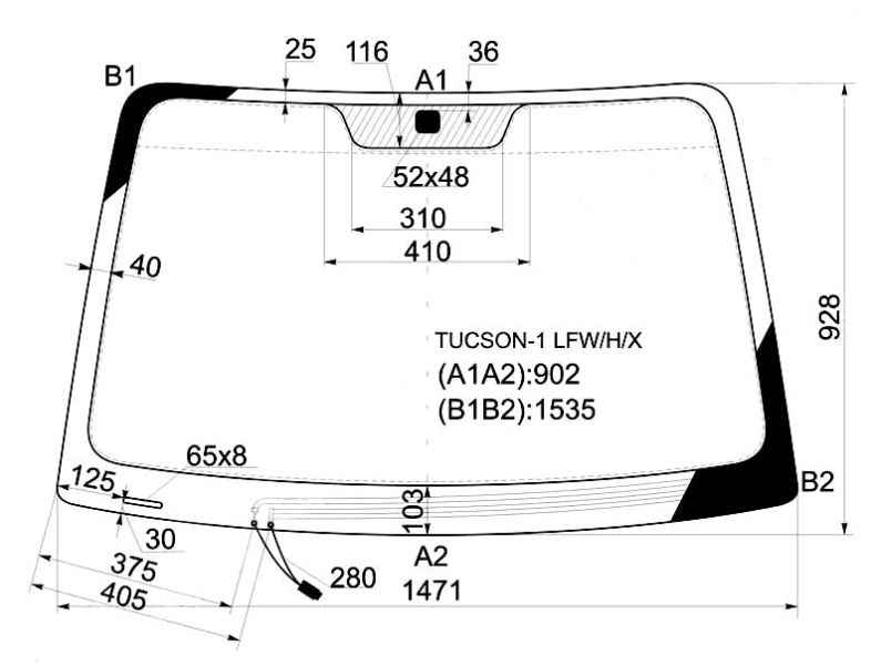 Стекло лобовое с обогревом щеток в клей HYUNDAI TUCSON 2004-2010 <b>XYG TUCSON-1 LFW/H/X</b> - изображение