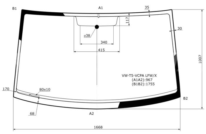Стекло лобовое в клей VOLKSWAGEN TRANSPORTER T5 VAN 2003- <b>XYG VW-T5-VCPA LFW/X</b> - изображение
