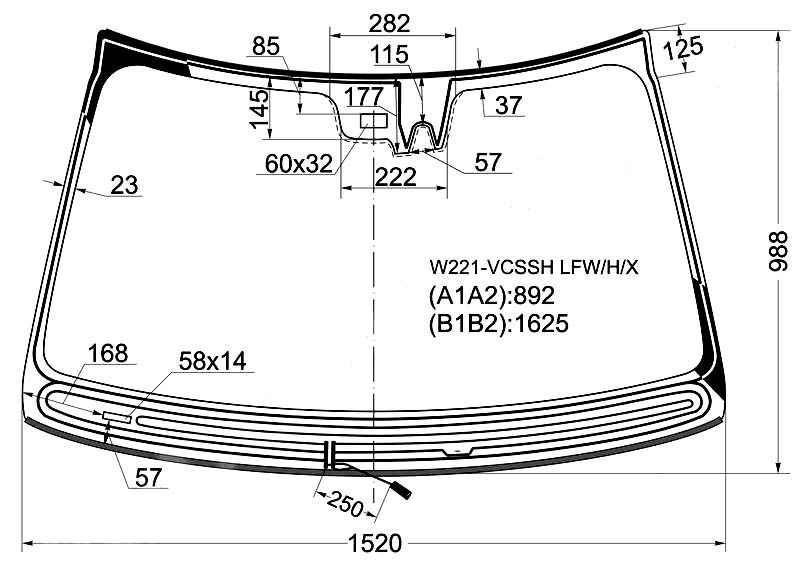 Стекло лобовое с обогревом щеток в клей MERCEDES-BENZ S-CLASS W221 05- <b>XYG W221-VCSSH LFW/H/X</b> - изображение