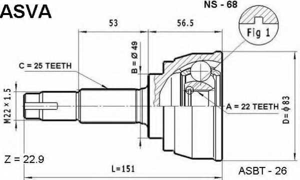 Шрус наружный 22x49x25 <b>ASVA NS68</b> - изображение