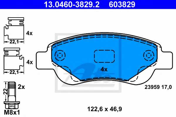 Колодки тормозные дисковые для CITROEN C1(PM#,PN#) / PEUGEOT 107, 108 / TOYOTA AYGO(KGB1#,KGB4#,PAB4#,WNB1#) <b>ATE 13.0460-3829.2 / 603829</b> - изображение