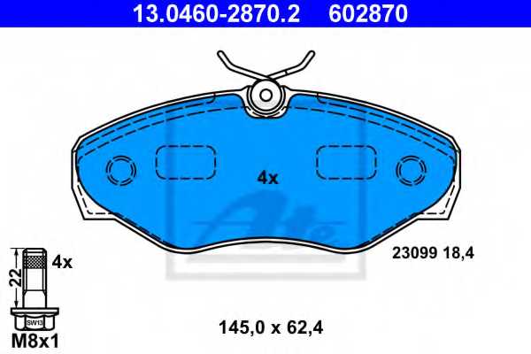 Колодки тормозные дисковые для NISSAN PRIMASTAR(X83) / OPEL VIVARO(E7,F7,J7) / RENAULT AVANTIME(DE0#), ESPACE(JE0#), TRAFIC(EL,FL,JL) <b>ATE 13.0460-2870.2 / 602870</b> - изображение
