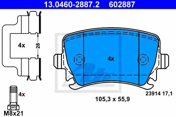 Колодки тормозные дисковые для VW CC(358), PASSAT(357,362,365,3C2,3C5) <b>ATE 13.0460-2887.2 / 602887</b> - изображение