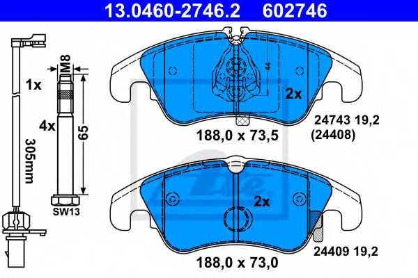 Колодки тормозные дисковые для AUDI A4(8K2,8K5,8KH,B8), A5(8F7,8T3,8TA) <b>ATE 13.0460-2746.2 / 602746</b> - изображение