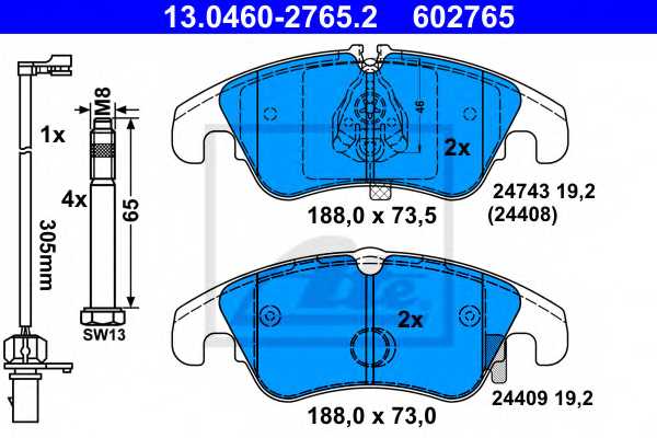 Колодки тормозные дисковые для AUDI A6(4G2, 4G5, 4GC, 4GD, 4GH, 4GJ, C7), A7(4GA, 4GF), Q5(8R) <b>ATE 13.0460-2765.2 / 602765</b> - изображение