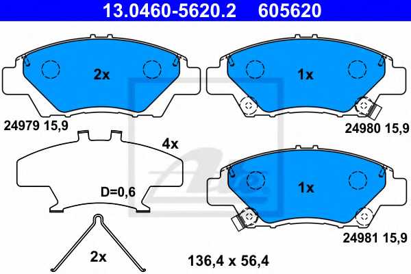 Колодки тормозные дисковые для HONDA INSIGHT(ZE#), JAZZ(GE) <b>ATE 13.0460-5620.2 / 605620</b> - изображение