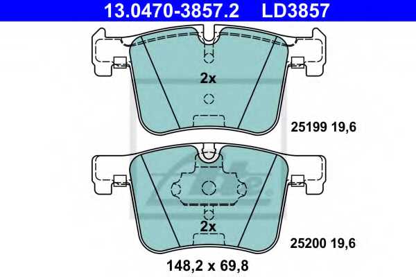 Колодки тормозные дисковые для BMW 1(F20,F21), 2(F22,F23,F87), 3(F30,F31,F34,F35,F80), 4(F32,F33,F36,F82,F83), X3(F25), X4(F26) <b>ATE 13.0470-3857.2 / LD3857</b> - изображение