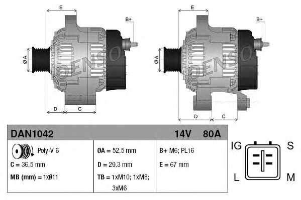 Генератор 80А для TOYOTA AURIS, COROLLA, URBAN CRUISER, YARIS <b>DENSO DAN1042</b> - изображение 3