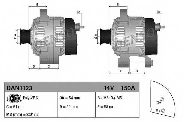 Генератор 150А для FIAT DOBLO(152,263,263#), DUCATO(250, 290) <b>DENSO DAN1123</b> - изображение 3