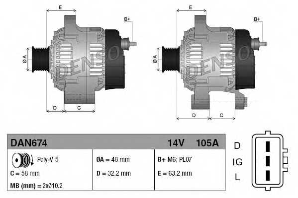 Генератор 105А для LAND ROVER FREELANDER(LN), FREELANDER Soft Top(LN#) <b>DENSO DAN674</b> - изображение 3