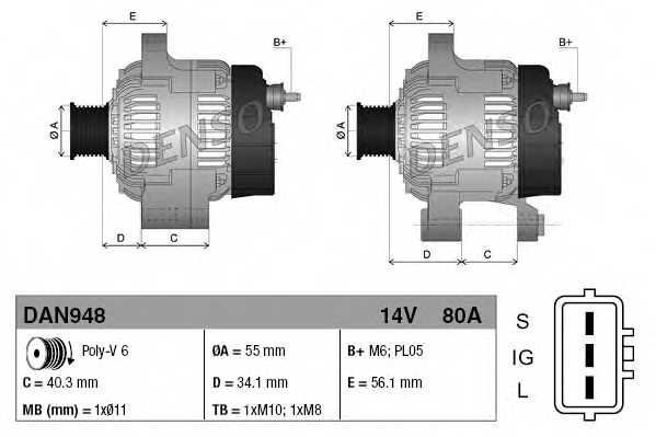 Генератор 80А для TOYOTA CELICA(ZZT23#), COROLLA(CDE12#,ZDE12#), MR(ZZW3#) <b>DENSO DAN948</b> - изображение 3