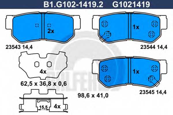Колодки тормозные дисковые для HYUNDAI ELANTRA, GETZ, GRANDEUR, HIGHWAY, MATRIX, SANTA FE, SONATA, TRAJET, TUCSON, XG / KIA MAGENTIS, SPORTAGE <b>GALFER B1.G102-1419.2 / G1021419</b> - изображение